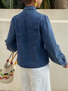 Joudiya Áo sơ mi denim dài tay cổ buộc dây dành cho nữ, kiểu dáng thường ngày. - Màu xanh lam - Xem 2