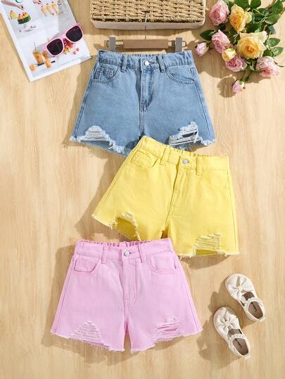 SHEIN Bộ đồ thể thao mùa hè phong cách boho cho bé gái, gồm 3 món màu đen, xanh dương, trắng, quần short denim rộng thùng thình rách có túi xéo, thích hợp cho kỳ nghỉ hè, hòa nhạc, tiệc tùng.