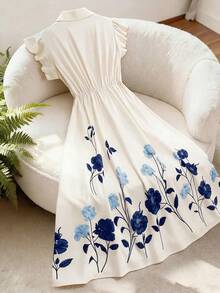 xheGlowEve Vestido de manga abombada de longitud media, de color albaricoque, con estampado floral, cuello de solapa, botones de perlas en la cintura, diseño de línea A, elegante, dulce, encantador, versátil, para uso diario, vacaciones, viajes, citas, estilo francés, retro, primavera, verano, nueva llegadaxhe - Multicolor 3 - Ver 2