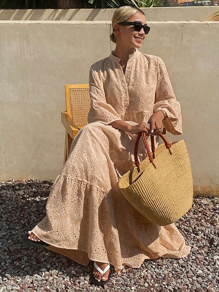 Livesso Summer New Loose Casual Vacation Style Women Mid-Length Dress - Apricot - View 1