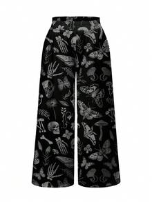 ROMWE Goth 加大码女式神秘女巫哥特宫殿黑暗骷髅飞蛾植物花卉蝴蝶蘑菇叶全身印花宽松阔腿裤 - 黑色 - 查看 1