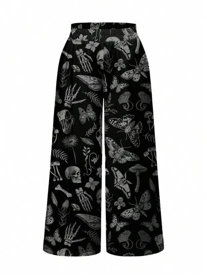 ROMWE Goth 加大码女式神秘女巫哥特宫殿黑暗骷髅飞蛾植物花卉蝴蝶蘑菇叶全身印花宽松阔腿裤
