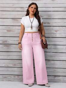 EMERY ROSE Plus Size Women Loose Casual Denim Wide Leg Jeans With Button Front Pockets - Baby Pink - View 7