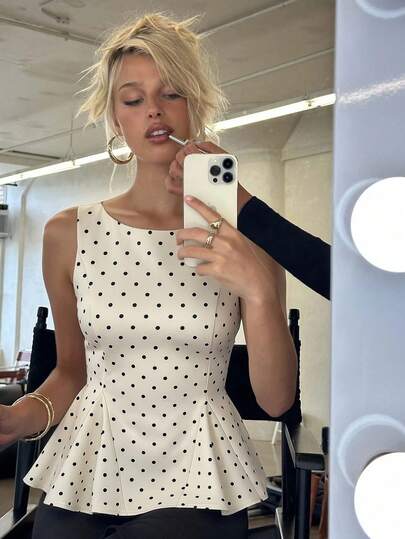 Siren Gaze 新作 ブラック&ホワイト ドット柄 ノースリーブタンクトップ レディース、春夏