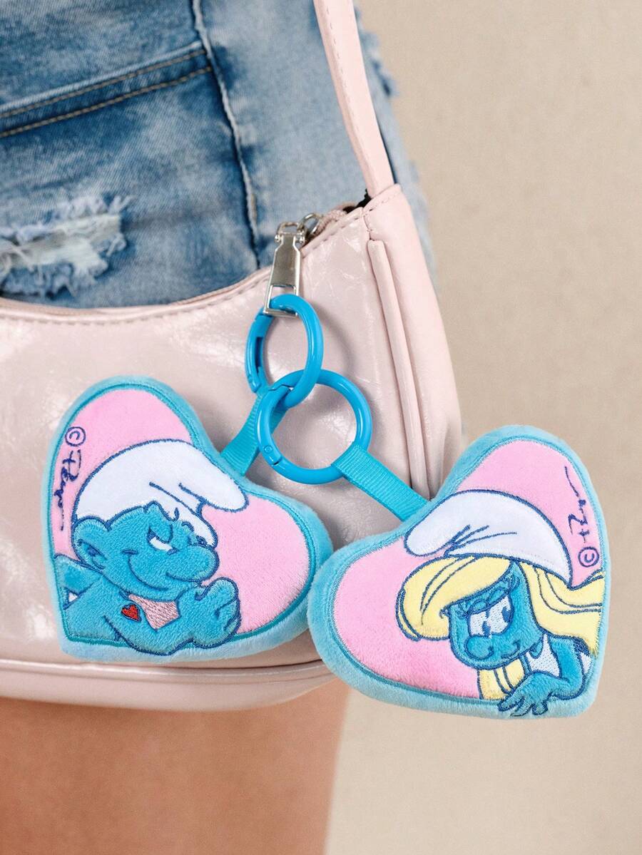 SHEIN X The Smurfs 1个可爱蓝精灵毛绒钥匙扣，精致刺绣，柔软材质，圆形钥匙扣，可挂在包包、背包和钥匙上。 - 彩色 - 查看 1