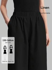 Ontre Petite PETITE 2026SS Linen Blend Women's Wide Leg Pants, Summer Loose Fit Black Casual Trousers, Office Wear, Business Casual, Retro, Urban Minimalist, Woven Fabric, Versatile, Elegant, Suitable For Small Stature, Daily, Beach, Music Festival, Graduation - Black - View 6