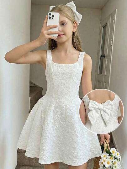 SHEIN Pitira Vestido de verano elegante sin mangas con cuello cuadrado y lazo en la espalda, de línea A, de jacquard blanco para niña preadolescente