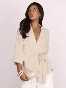 COSMINA Women's Elegant Beige Autumn Office Shirt,Linen Fabric Solid Color 3/4 Sleeve Wrap Design Casual Top,Featuring Collar,Belt,Ideal For Daily Outing - Apricot - View 3