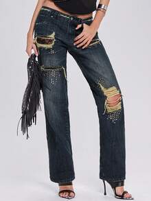 ROMWE Quần jeans ống côn phong cách Punk Y2K cổ điển, rách rưới, phối ren và đinh tán. - Màu xanh lam - Xem 1