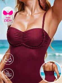 SHEIN DD+ Traje de baño de una pieza con volantes y parches para mujer, para vacaciones de verano en la playa. Traje de baño de mujer con cobertura completa y control de abdomen para natación - Burdeos - Ver 5