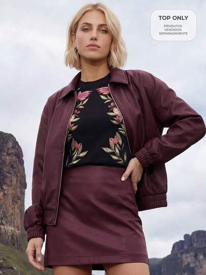 CAJUNI 酒红色皮质飞行员夹克，带超大口袋