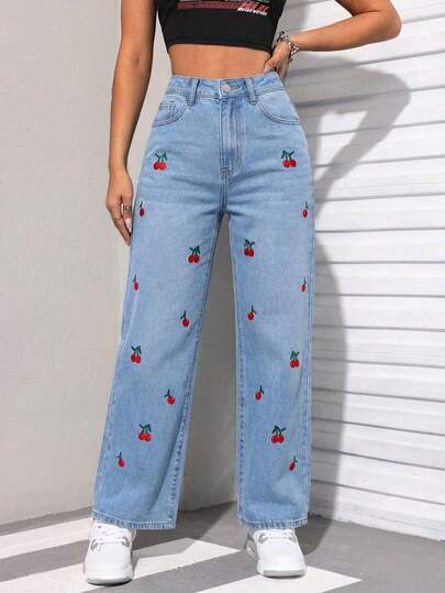 Mezclilla pantalon para mujer,rigido con cereza bordado,hermoso,comodidad.