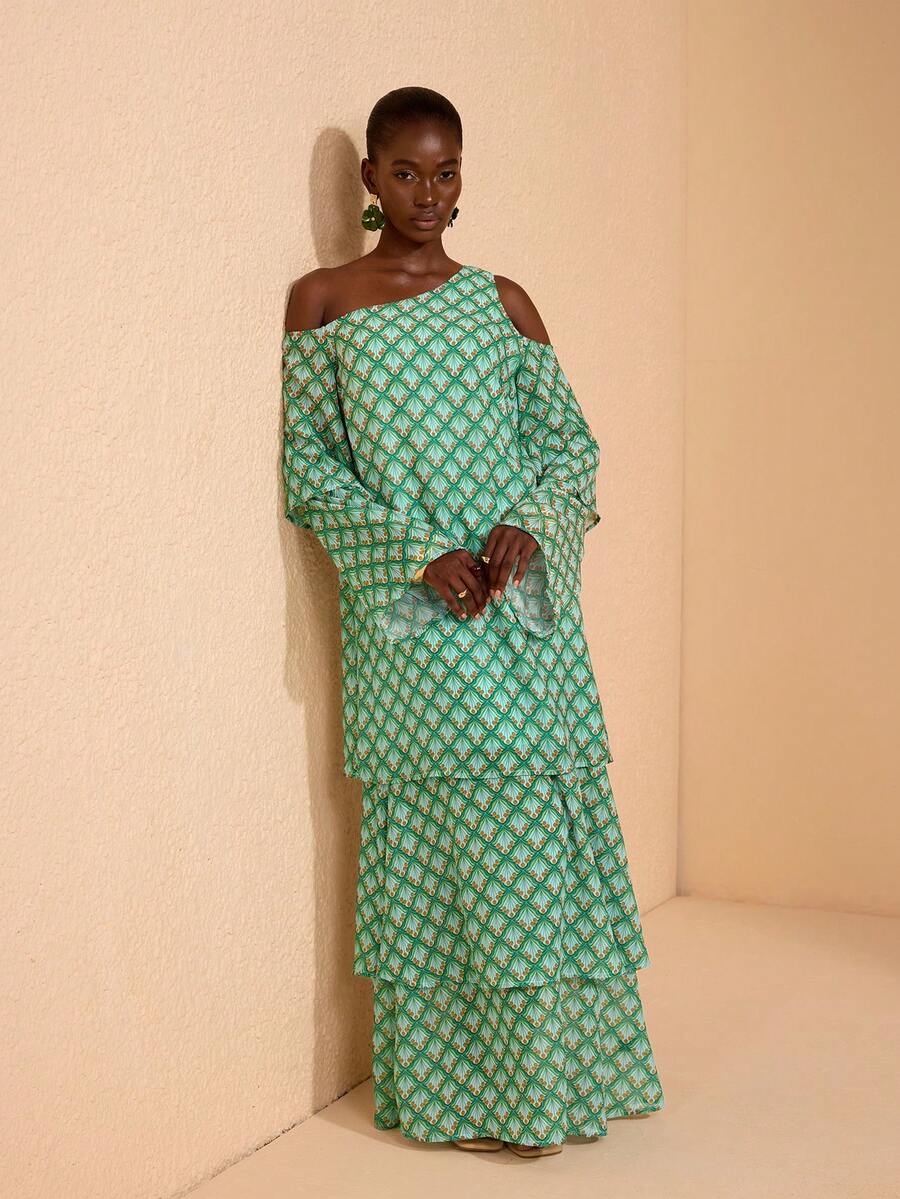 JIAN LASALA All-Over Print Chiffon Asymmetric Neck One-Shoulder Flared Sleeves Layered Maxi Dress - Green - View 1