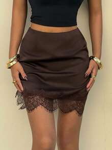 Muchica 女士黑色缎面撞色蕾丝边迷你连衣裙 - 巧克力棕 - 查看 4