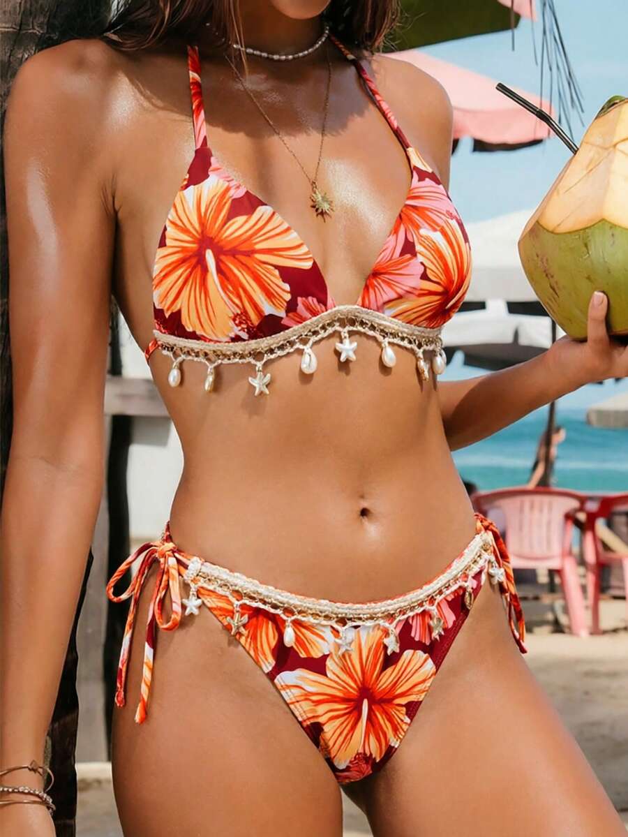 Swim Vcay Women's Swimwear Set, Floral Print, Underwire, Tassel Pendant, 2 Pieces, Summer Holiday Beach - Multicolor - View 1
