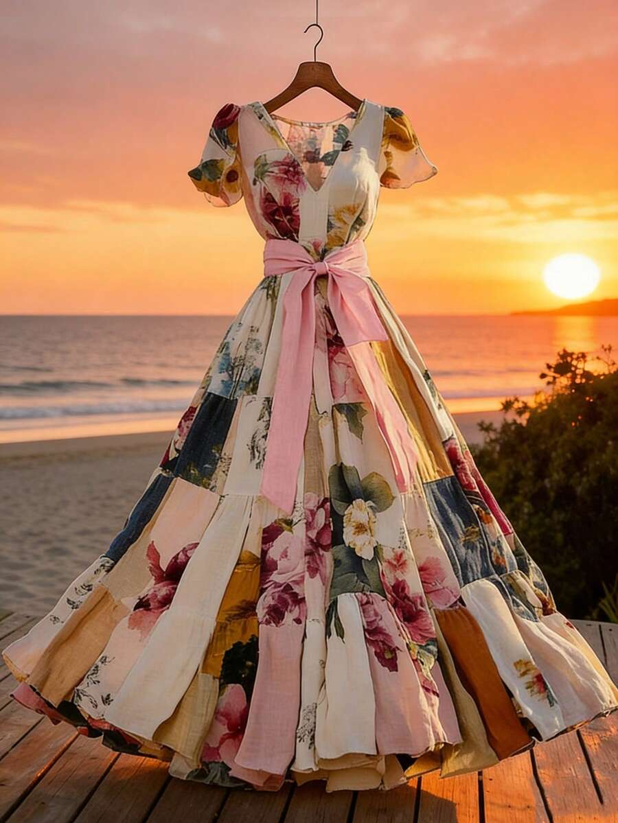 GlowEve Women's Casual All-Over Print V-Neck Short Sleeve Dress, Summer - Multicolor - View 1