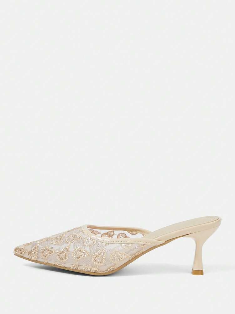 CUCCOO HITCHD Women's High Heels, Wedding Apricot Lace Shoes, Transparent Mesh Hollow Pattern Pointed High Heels, Elegant Fairy Back Strap, Wedding Dress/Toast Suit Versatile Banquet Women's Shoes