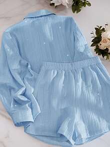 Franclia Plus Size Seattle Coast Casual Blue Button-Front Long Sleeve Top And Shorts Set, Versatile For Daily Wear And Commute Fall - Blue - View 2