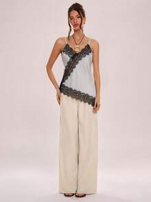 Avenya Áo camisole nữ phối ren kẻ sọc, kiểu dáng thường ngày, đa năng. - trắng - Xem 5