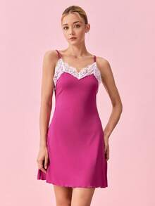 Bonmuse Áo ngủ hai dây gợi cảm viền ren dành cho nữ - Màu Hồng Tươi - Xem 3