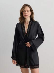 Áo choàng satin thắt lưng viền ren Luxeloungewear, Thu, Đông - màu đen - Xem 7
