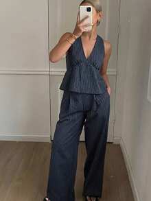 DAZY 女士夏季条纹吊带上衣和裤子休闲两件套家居服套装，女士短款套装 - 藏蓝色 - 查看 3