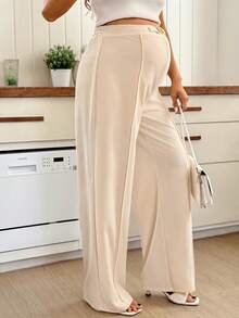 Loomaby Pregnant Women's Solid Color Metal Decor Seam Front Elegant Maternity Wide Leg Pants Photoshoot Spring - Khaki - View 4