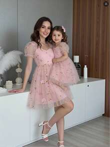 SHEIN Glamorique Kids 年轻女孩优雅迷人粉色可爱泡泡袖收腰奢华双层刺绣网纱蓬蓬裙 - 粉色 - 查看 11