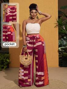 Maweii Pantalon ample décontracté avec imprimé bloc coloré et grandes poches, design mode minimaliste de style vacances et rue. Tenue d'été essentielle pour femmes grandes tailles, idéal pour le printemps/été - Multicolore - Voir 1