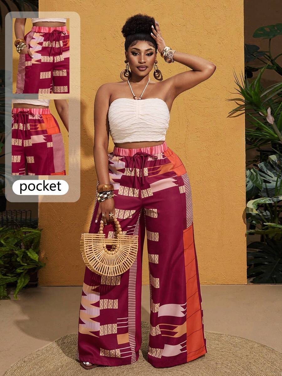 Maweii Pantalon ample décontracté avec imprimé bloc coloré et grandes poches, design mode minimaliste de style vacances et rue. Tenue d'été essentielle pour femmes grandes tailles, idéal pour le printemps/été - Multicolore - Voir 1
