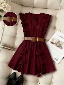Pariaura Vintage Brown Ruffled Hem Full Design Dress/Waist Cinching Slim Mini Dress/Elegant & Sweet - Burgundy - View 4