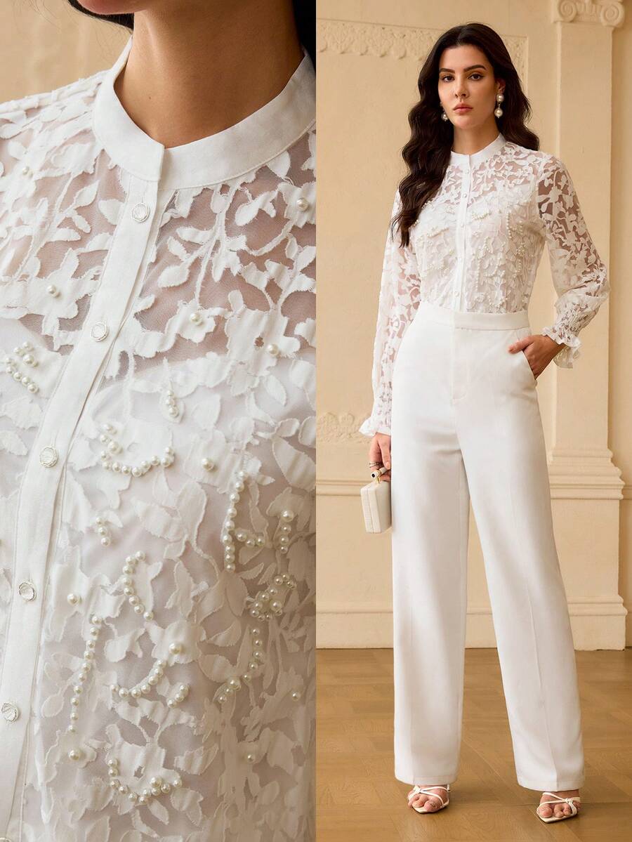 ZEYLAH Women's Cutout Long Sleeve Single-Breasted Elegant Mandarin Collar Blouse - White - View 1