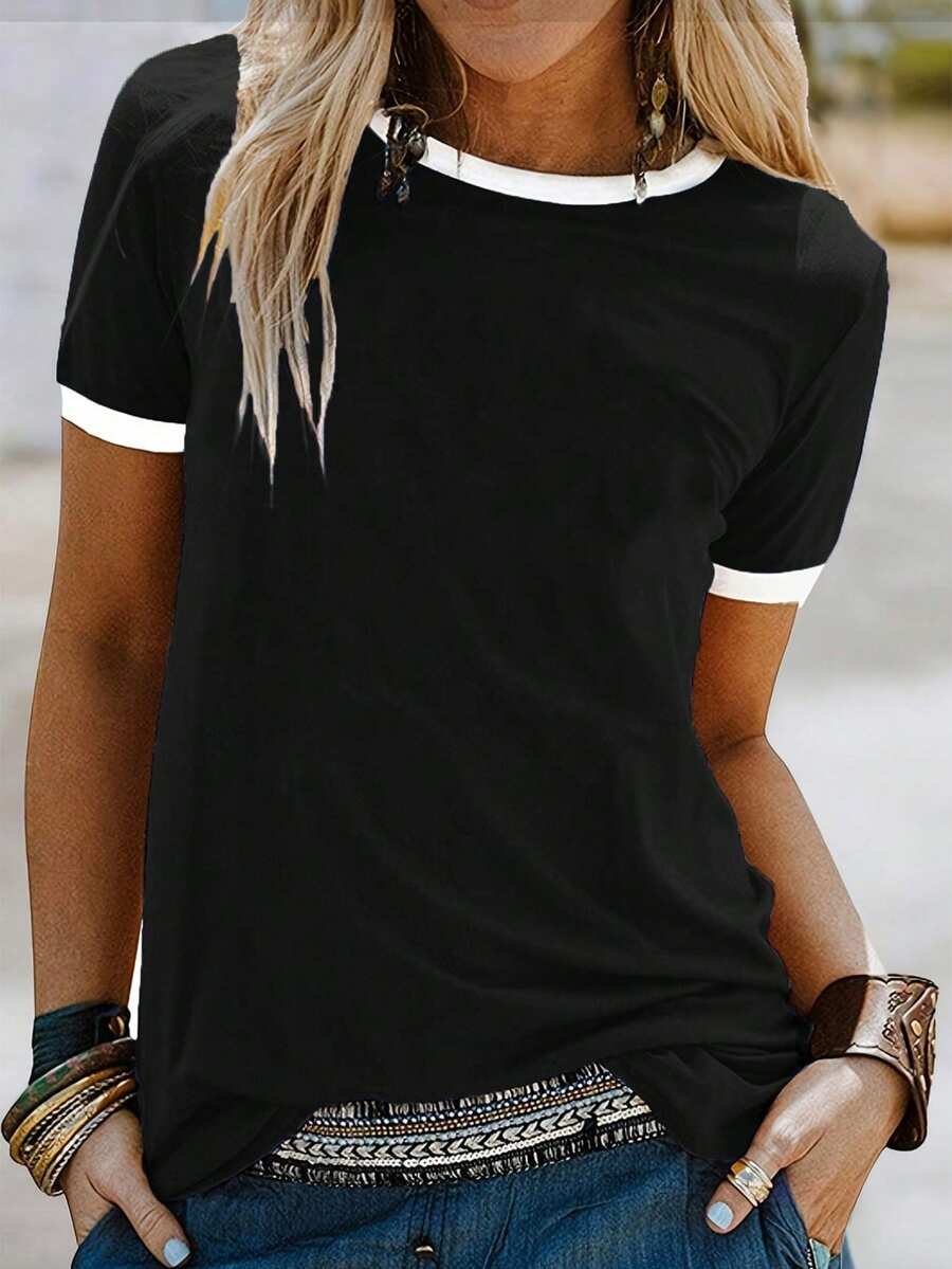 EMERY ROSE تي شيرت نسائي كاجوال بأكمام قصيرة وياقة مستديرة بتصميم ألوان متباينة - الأسود - مشاهدة 1
