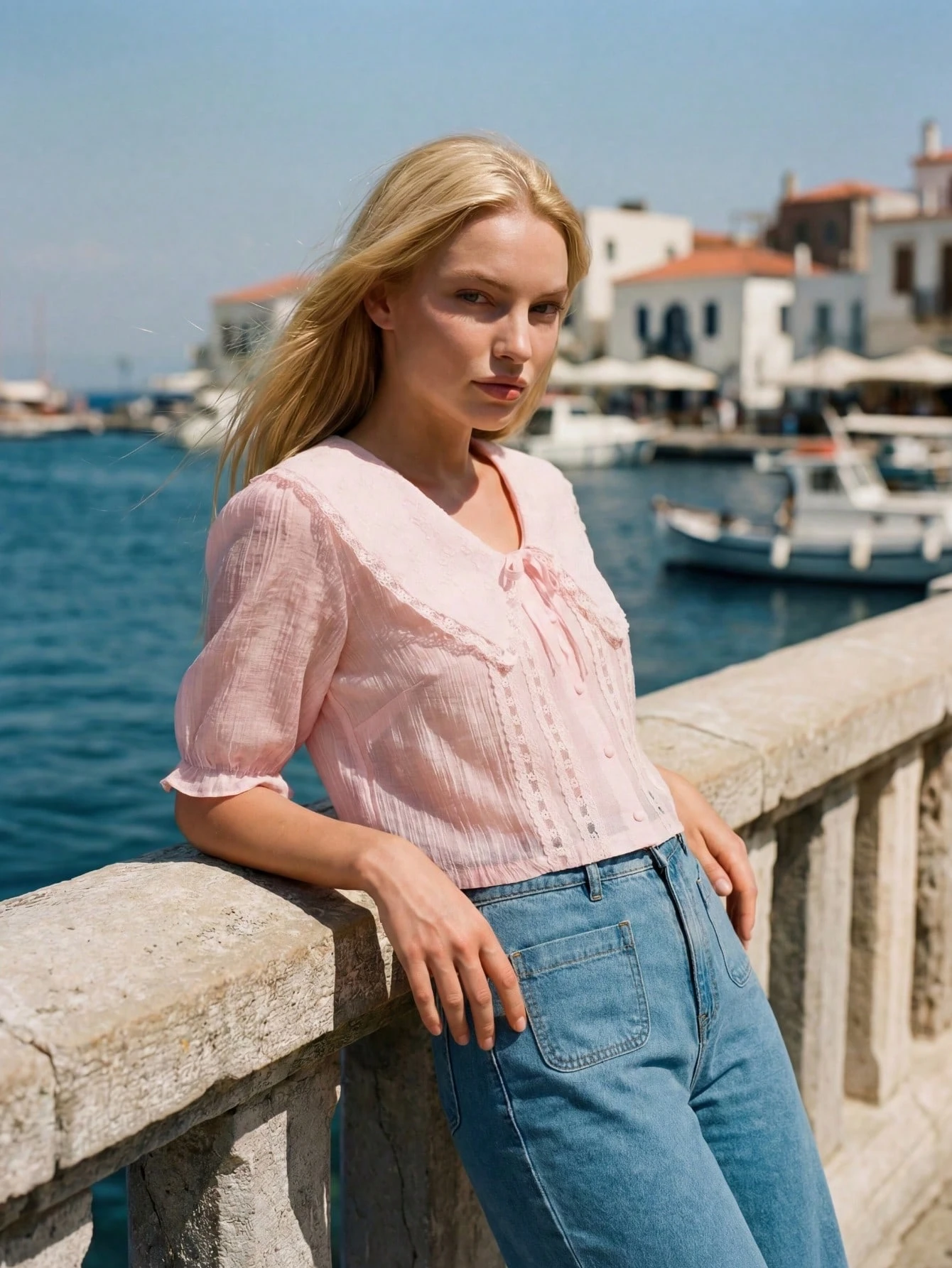 Pink Cropped Blouse With Oversized Embroidered Collar Spring Summer French Style Parisian Style Office Outfit Vintage Top Cute Summer Top Going Out Top