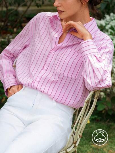 Dayvera Áo sơ mi nữ kẻ sọc cài một hàng khuy, kiểu dáng thường ngày đa năng.