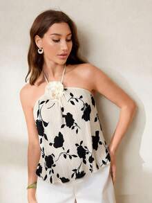 Nevyona 女士数码印花褶皱面料露背装饰上衣，奶牛纹褶皱露背上衣，花卉印花上衣，女士夏季上衣 - 杏色 - 查看 3