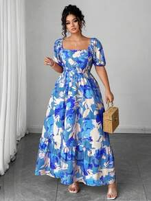 Elenzga 大码女装夏季新款复古印花中长连衣裙，欧美时尚海滨度假风法式优雅迷人方领收腰显瘦喇叭裙摆长款连衣裙 - 藍色 - 查看 7