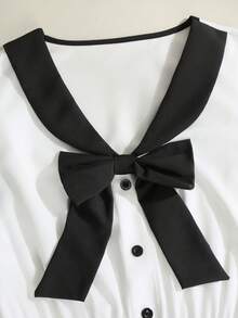 GlowEve Vestido formal ligero con pliegues, decoración de lazo y bloqueo de color elegante y de moda para mujer - Blanco - Ver 7