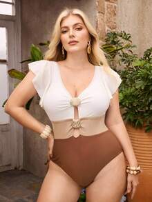 SHEIN Swim Curve Plus Size Vacation Style Swimsuit For Women, Color Block Ruffle Strap Sunflower Decor High Waist Tummy Control One-Piece Swimwear With Mesh Skirt - Multicolor - View 7
