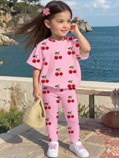 Set de 2 piezas de ropa para niña, camiseta de manga corta con estampado de cerezas y conjunto de leggings, ropa adorable con elementos de frutas, estampado de cerezas, adecuado para salidas, casual, primavera/verano, días de primavera, conjunto de camiseta rosa, dulce y lindo, adecuado para salidas, casual, festivales, deportes y otras ocasiones