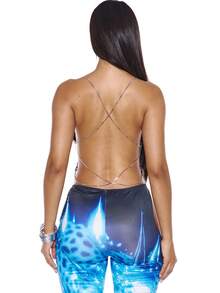 MUSERA Top corto con espalda abierta, estampado y cadena cruzada, sexy para verano, primavera, festivales, vacaciones, fiestas y salidas - Azul - Ver 2