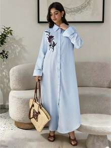 Mulvari Đầm nữ kiểu Ả Rập thêu hoa, cài cúc phía trước, phong cách thường ngày, thích hợp cho mùa thu. - Màu xanh nhạt - Xem 10