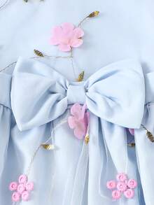SHEIN Glamorique Kids 女童無袖刺繡A字網紗洋裝，藍色，夏季，花童婚禮生日派對公主風，精緻3D蝴蝶結裝飾仙女裙 - 藍色 - 查看 6