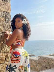 VaVaBold Women's White And Blue Floral Halter Backless Top And Pants 2 Pieces Set,Boho Summer Beach Vacation Holiday Outfits,Resort Dinner Caribbean Clothes - White - View 2