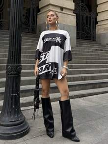 BiaLiraa Mesh Letter Print Contrast Color Casual Loose Sports T-Shirt - Black - View 1