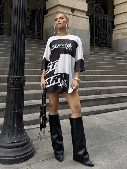 BiaLiraa 网眼字母印花撞色休闲宽松运动T恤