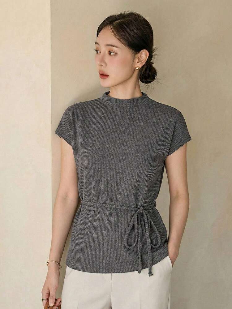 Women's High Neck Fitted Waist Sleeveless Textured Ribbed Casual Business Elegant T-Shirt, Spring & Summer