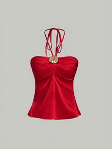 SHEIN MOD Bộ đồ 2 mảnh gợi cảm dành cho nữ, gồm áo hai dây buộc cổ xếp ly và chân váy ngắn, phối màu trơn, trang trí kim loại, thích hợp cho buổi hẹn hò lãng mạn. - Đỏ - Xem 7