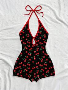 Soleia Casual Minimalist Vacation Style Retro Colorblock Red Cherry Full Print Jumpsuit, Suitable For Spring & Summer - Multicolor - View 3