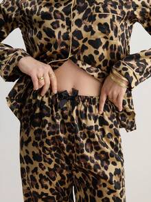 Hourtrue 豹纹印花女士长袖上衣和裤子睡衣套装，秋冬服装 - 金色 - 查看 7